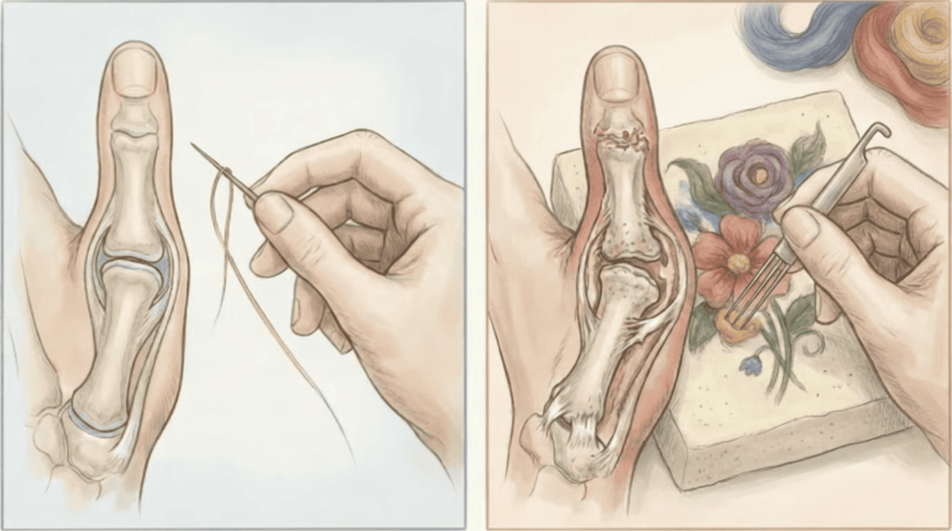 Medical illustration comparing a healthy thumb joint to one with arthritis, showing the impact on crafting activities.