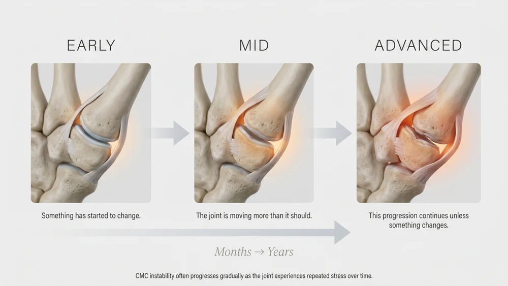 A medical diagram shows the progression of CMC joint instability through early, mid, and advanced stages.