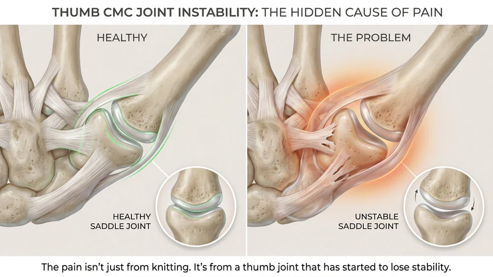 A medical illustration comparing a healthy thumb CMC joint to an unstable, painful one.