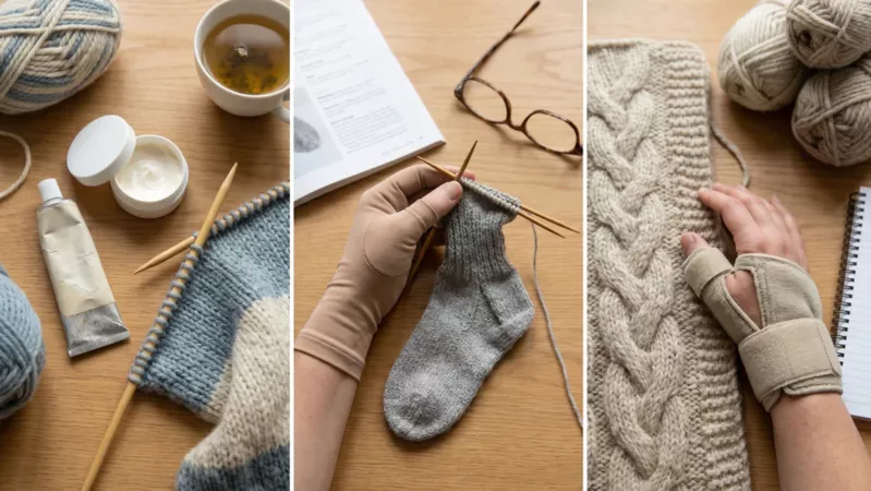 A triptych showing knitting projects, hand lotion, and hands wearing compression gloves and a wrist brace.