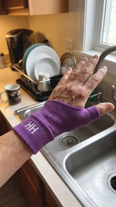 A person's hand wearing a purple wrist brace with the initials HH over a kitchen sink.