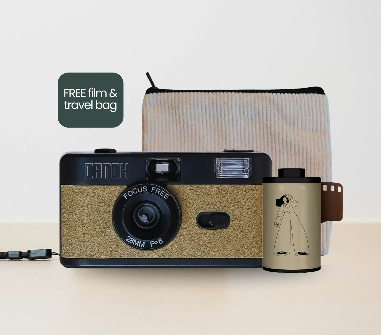 Vintage camera with a film roll and a travel bag.