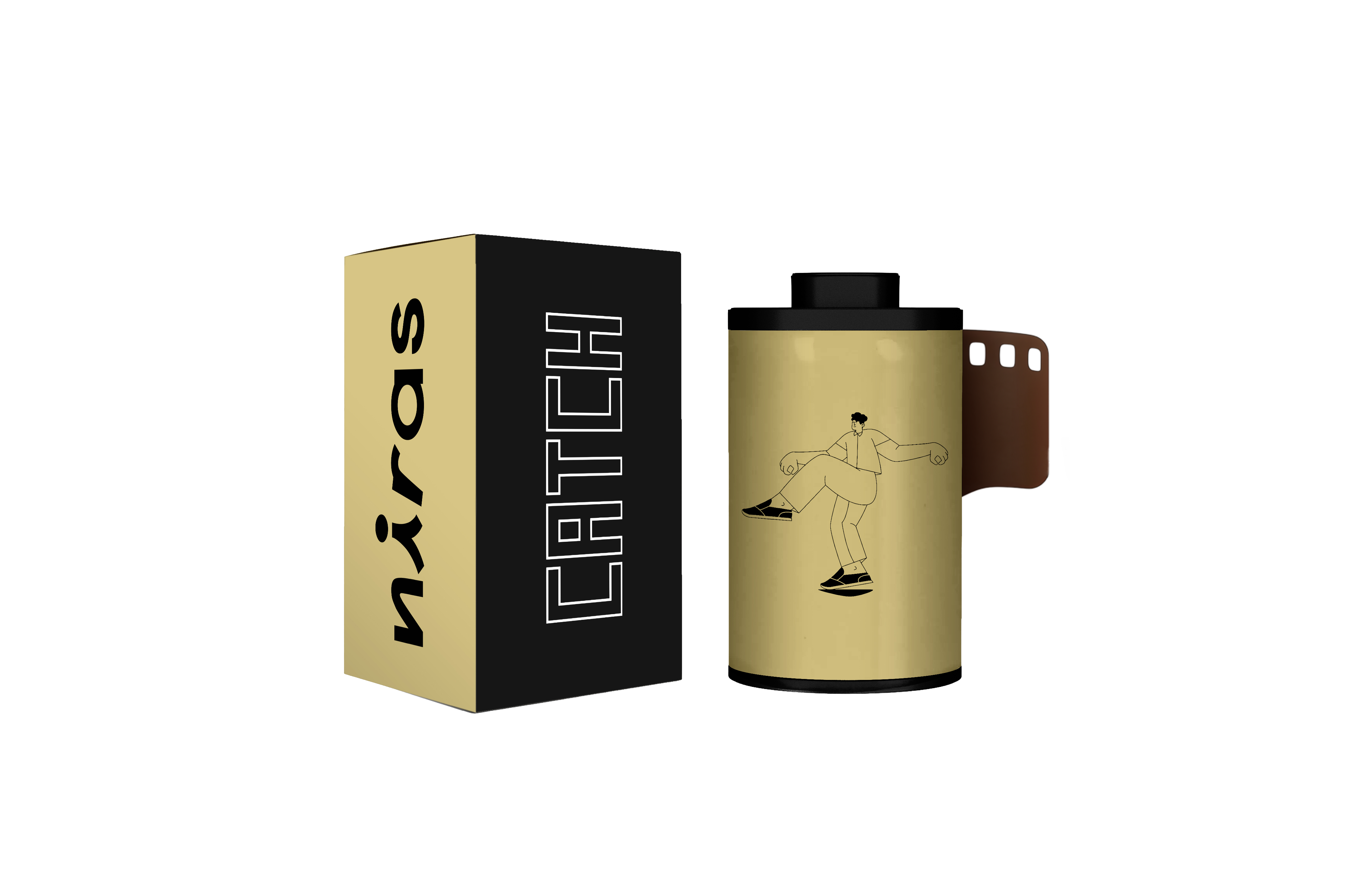 A film roll container with a dancing person illustration next to a labeled box.