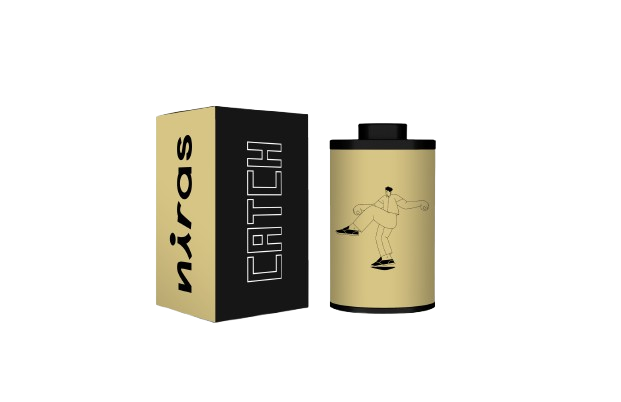Illustration of a film canister and box with a skater design.