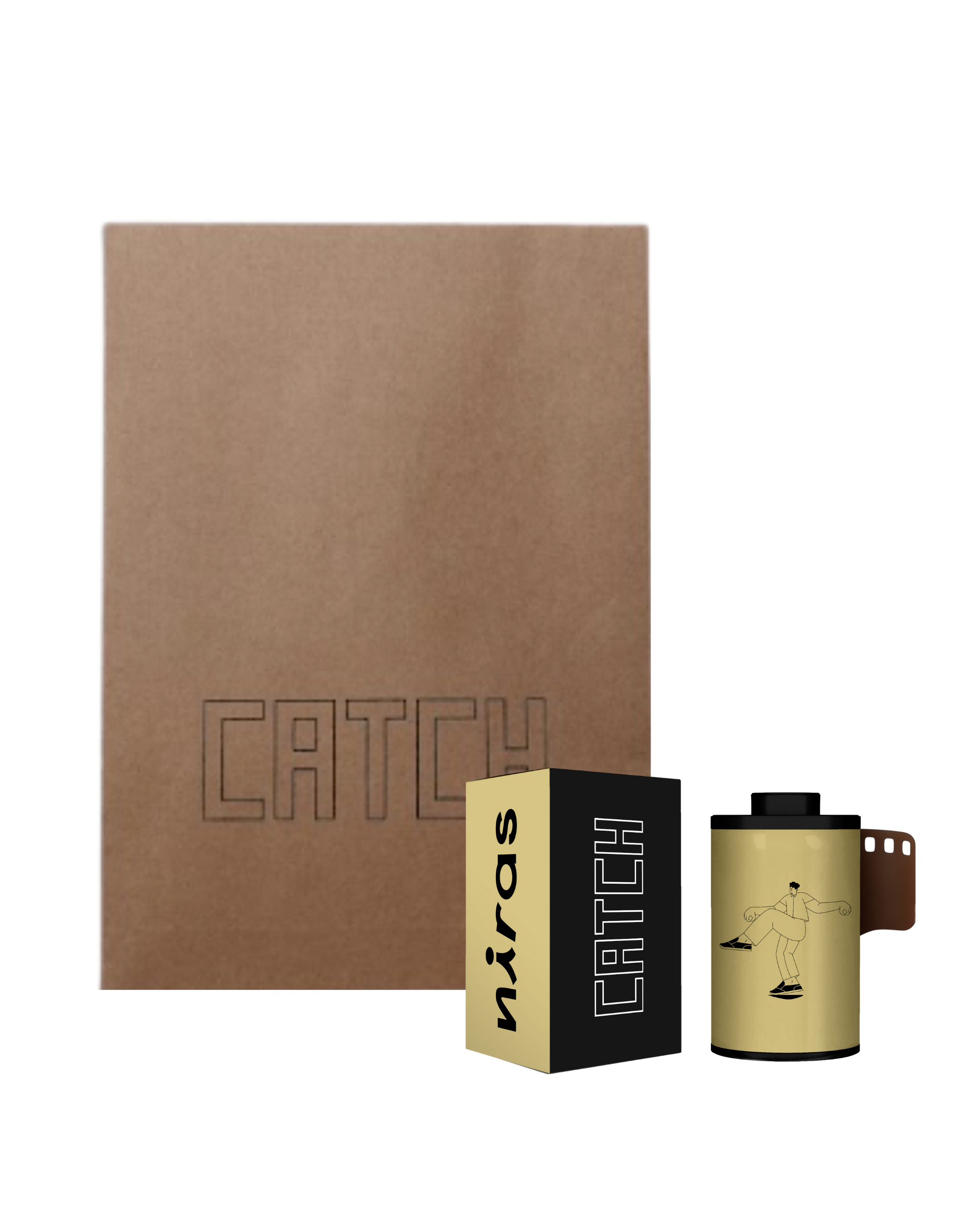 Brown package with 'CATCH', box and film canister with skater illustration.