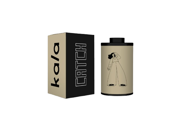 Illustration of a film canister and box with 'kala CATCH' text.