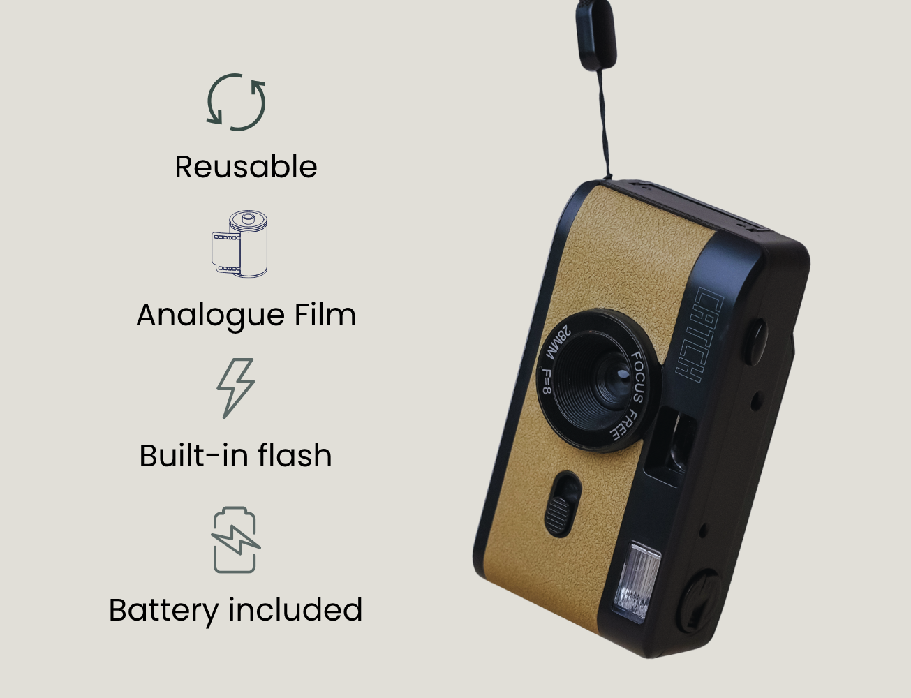 Retro-style film camera with lens and strap, labeled features beside.