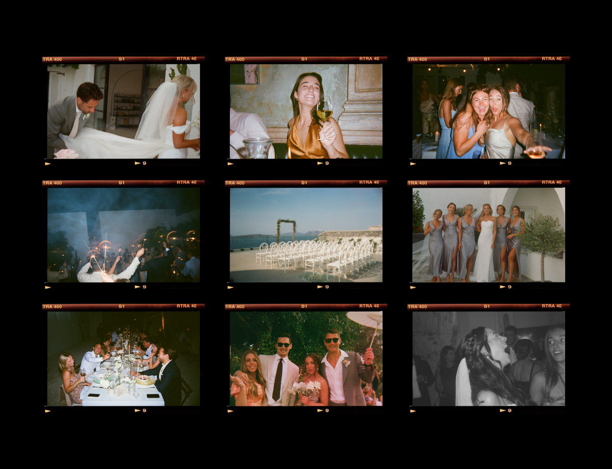 Contact sheet with nine photos from a wedding, including guests and decorations.