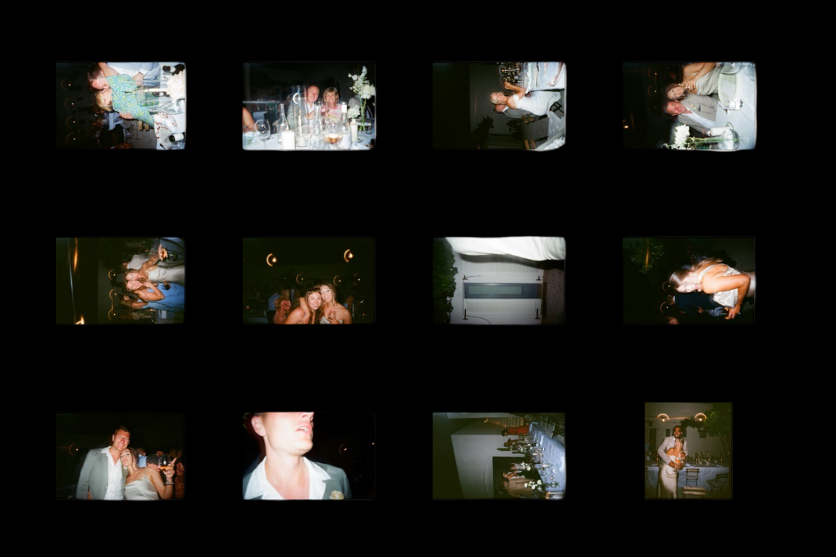 Collage of candid party photos with people at tables and dancing.