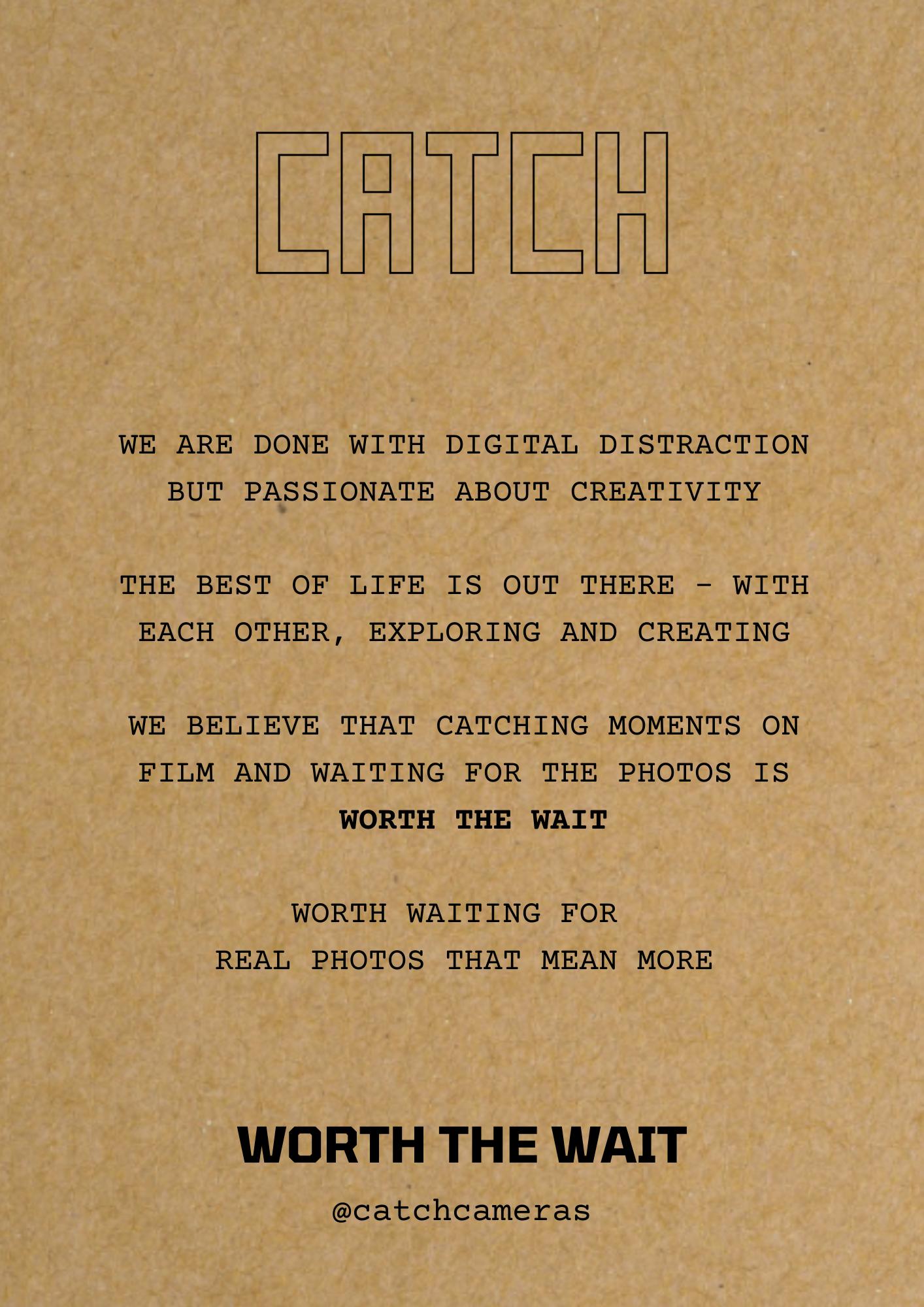 Text on brown paper background promoting film photography and creativity.
