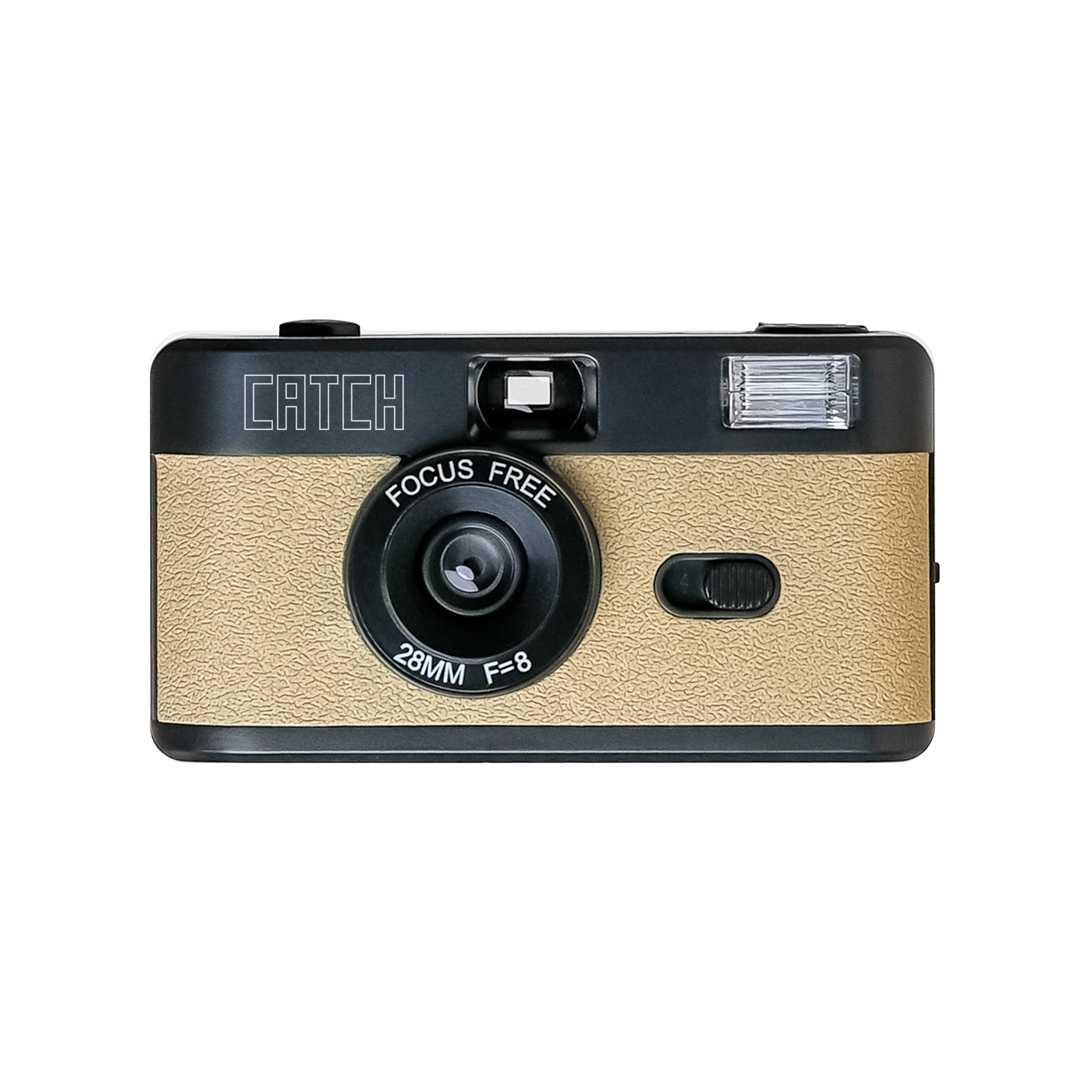 Retro-style beige and black point-and-shoot camera with 'Catch' label on top.
