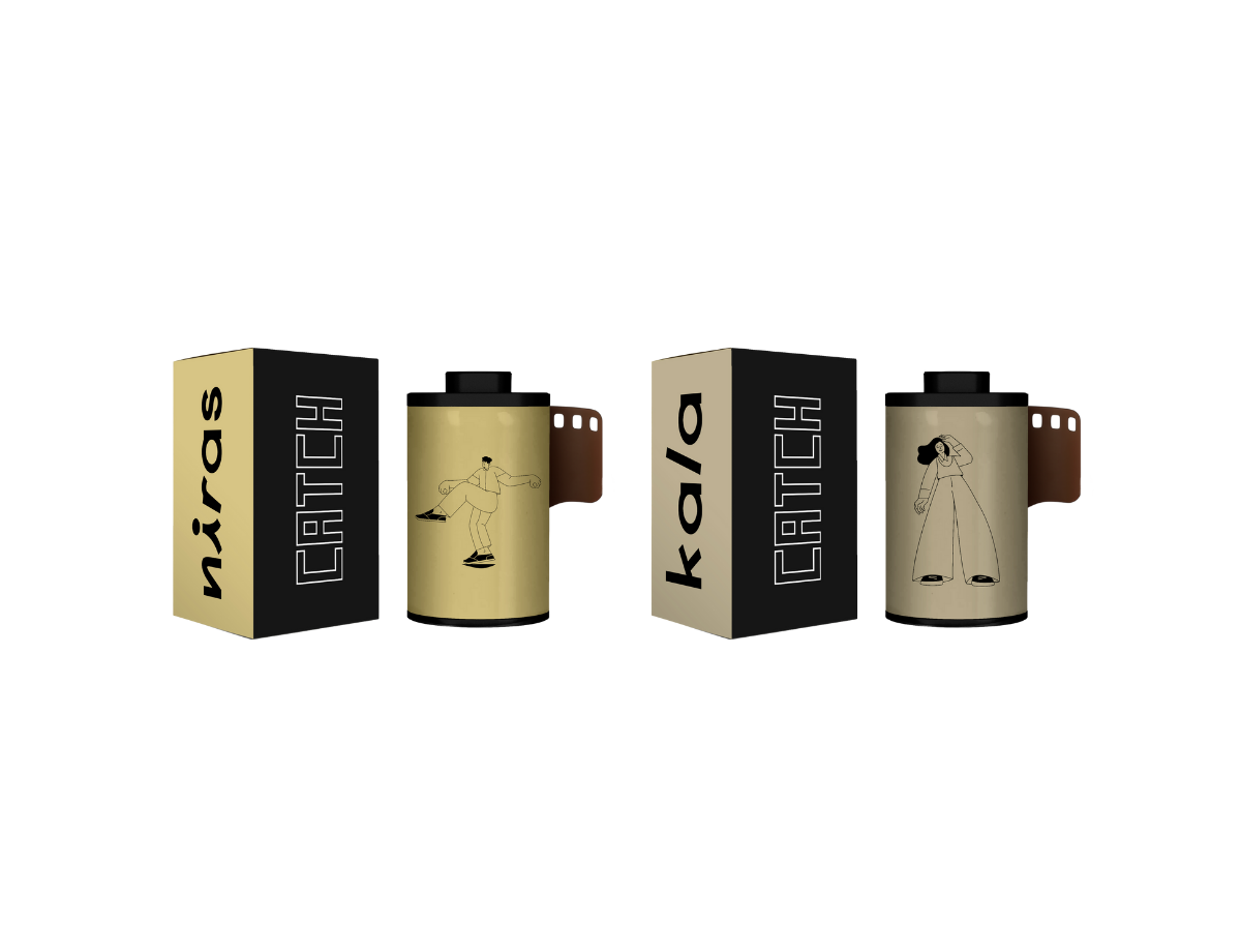 Two camera film rolls with illustrations, beside two boxes labeled 'niras' and 'kala'.
