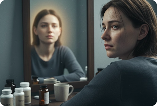 A person looking in a mirror, surrounded by bottles and a mug on the table.