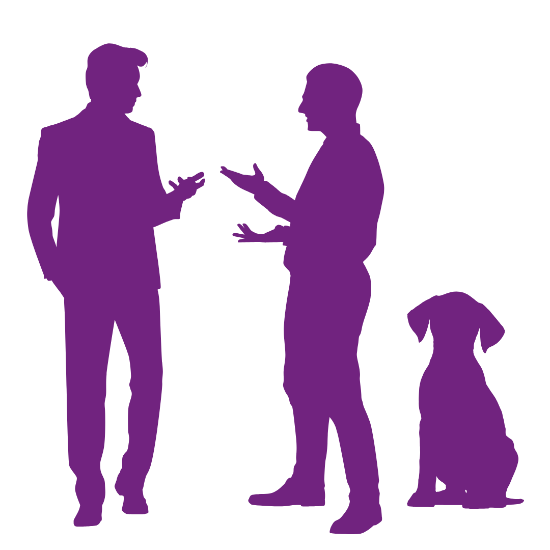 Silhouettes of two people talking and a sitting dog.