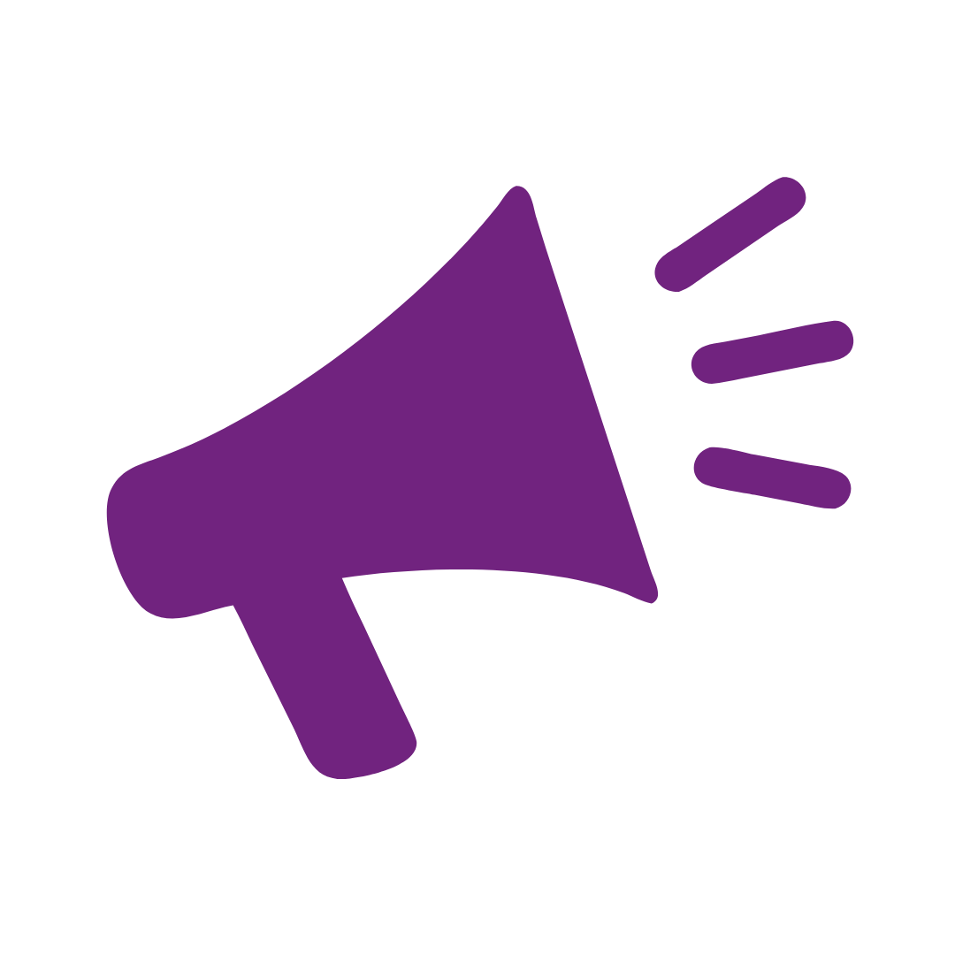 Purple megaphone icon with sound lines on a green background.