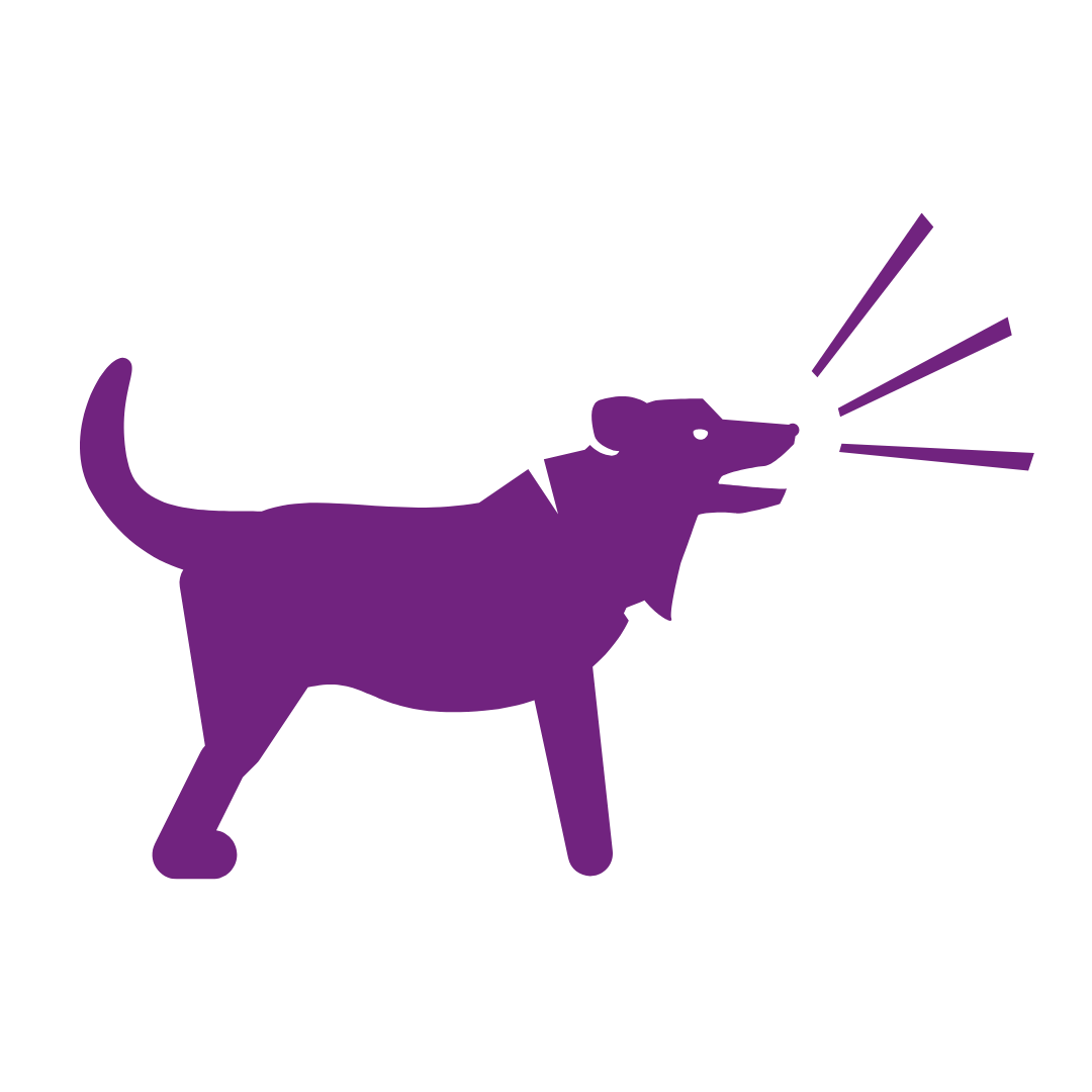 Purple silhouette of a dog barking with sound lines.