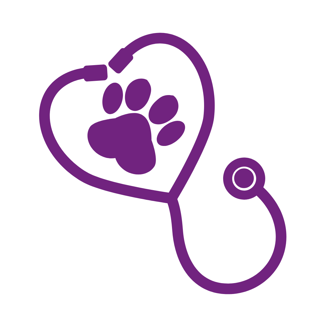 Purple stethoscope forming a heart with a paw print inside.