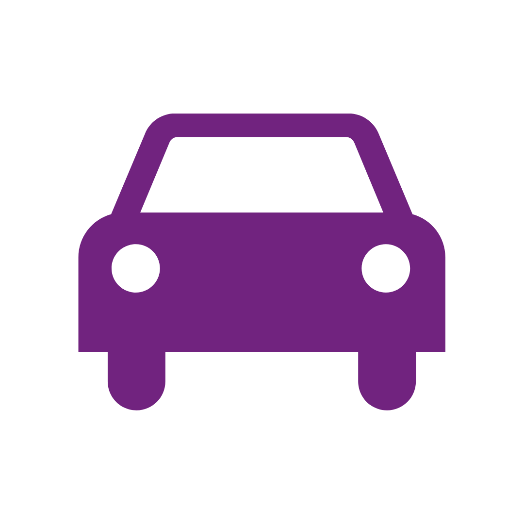 Purple car icon on a green background.