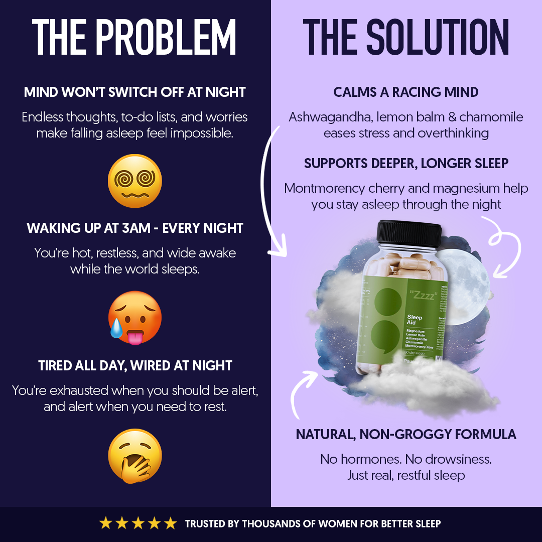 Infographic comparing sleep problems with a natural sleep aid solution.