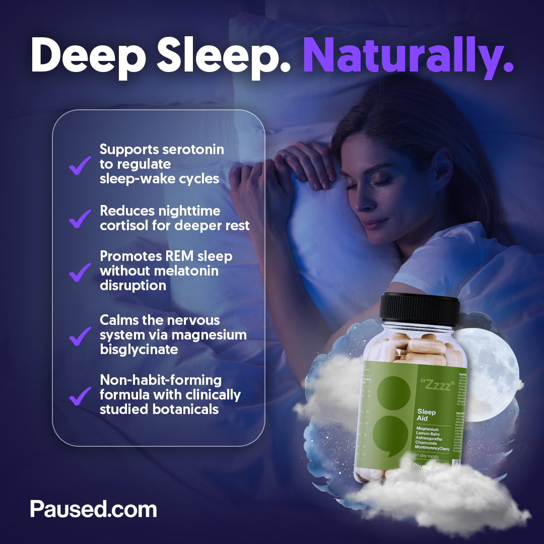 Woman sleeping with sleep aid bottle and benefits listed on the side.