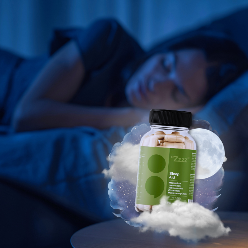 Bottle of sleep aid pills with a sleeping person in the background.