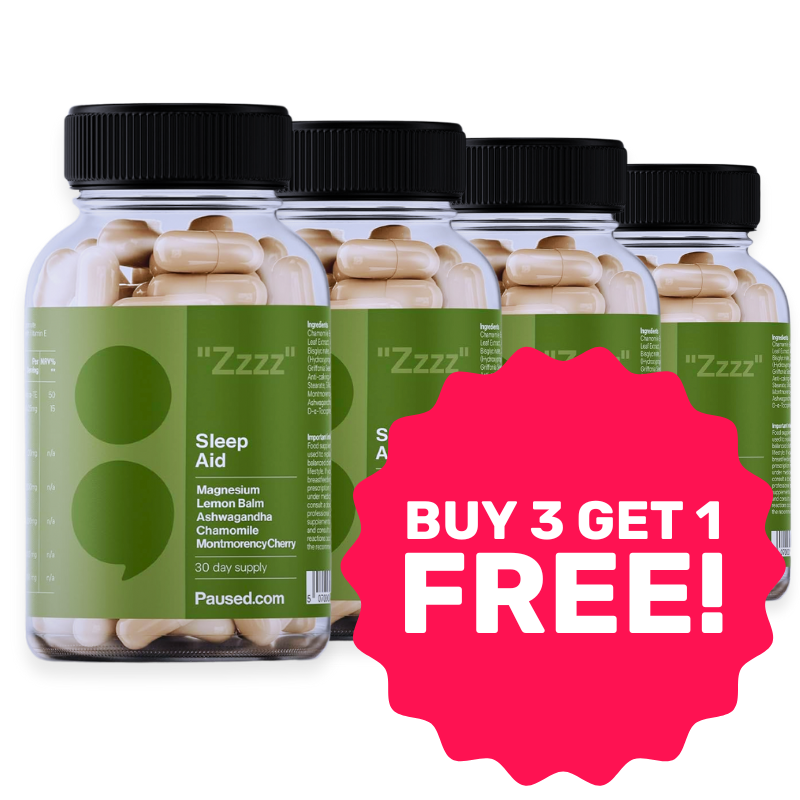 Four bottles of sleep aid capsules with a 'Buy 3 Get 1 Free' offer.