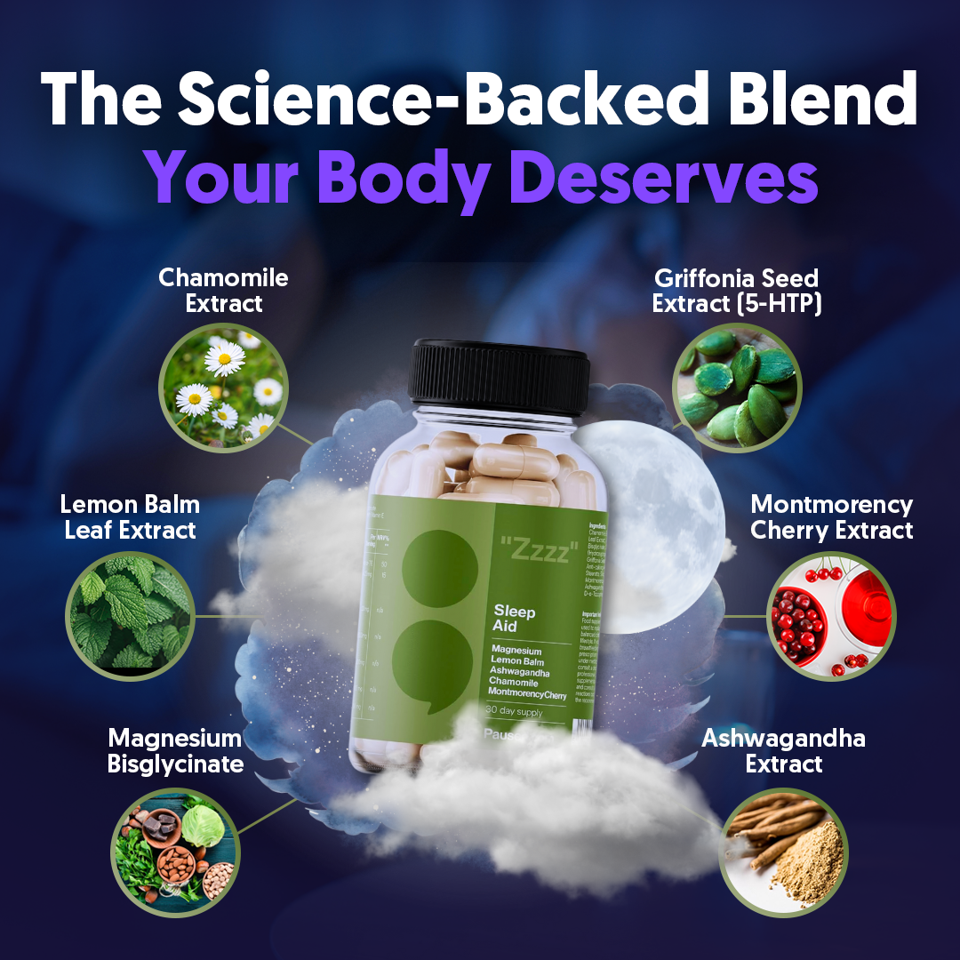 Bottle of sleep aid capsules surrounded by images of natural extracts.