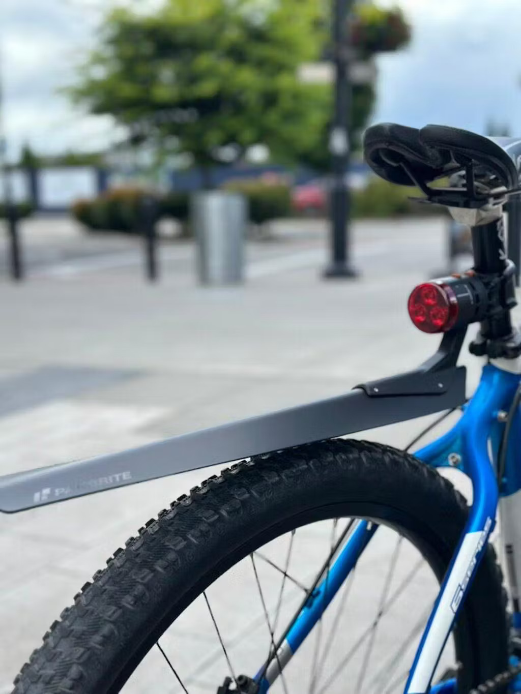 Close-up of a bike's rear wheel, fender, and red taillight in an outdoor setting.