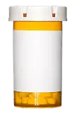 Yellow prescription pill bottle with a white label and white cap.