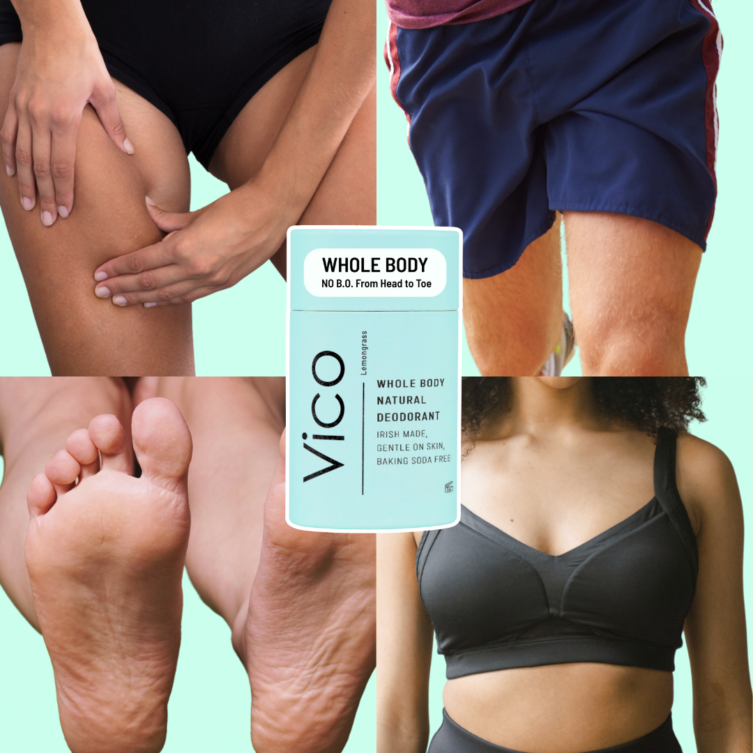 A collage of body parts—thighs, legs, feet, chest—with Vico deodorant in the center.