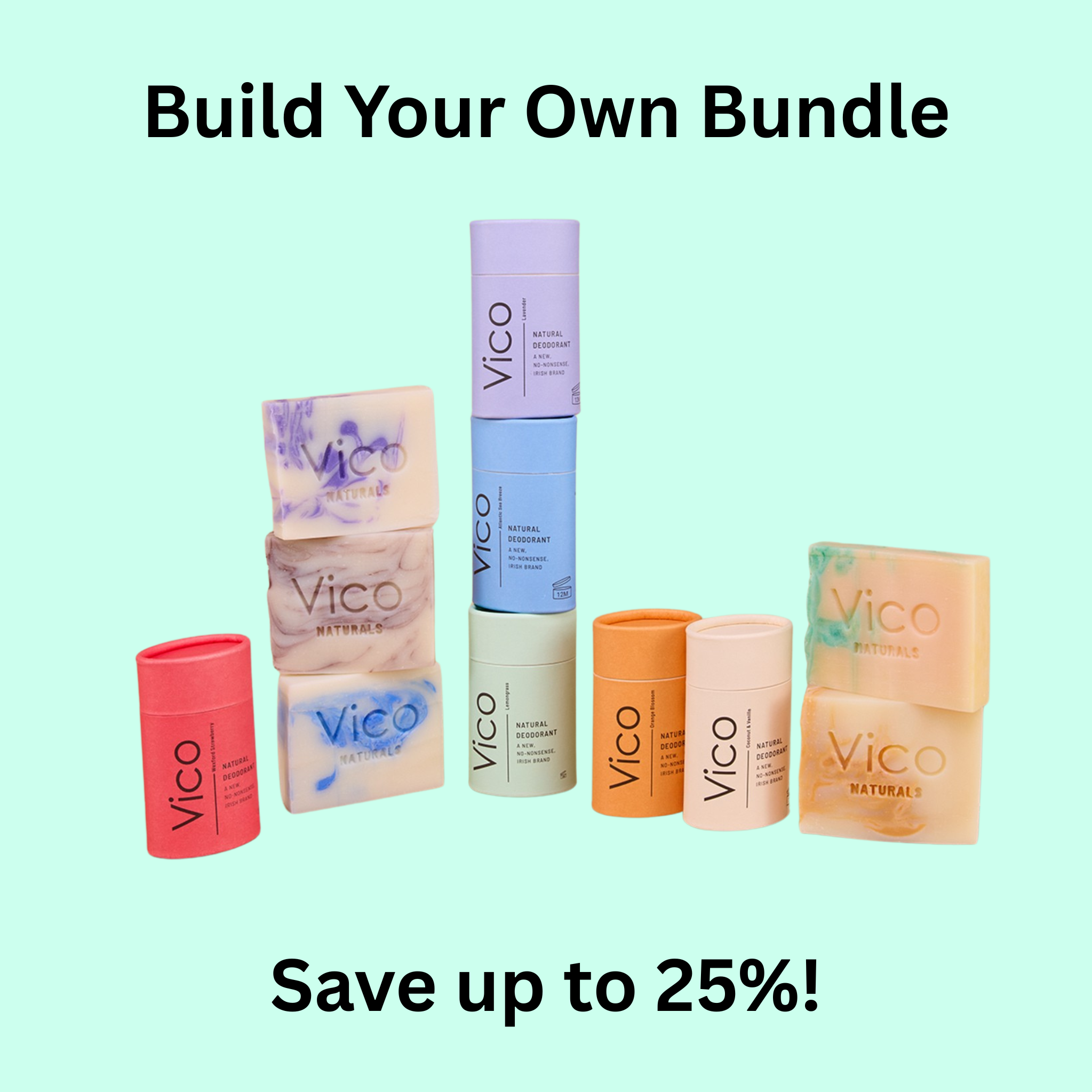 An arrangement of Vico Naturals deodorant sticks and soap bars with promotional text.