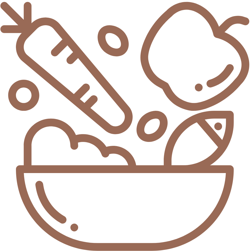 Line drawing of a bowl with vegetables and fish.