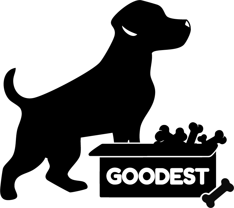 Silhouette of a dog beside a box labeled 'Goodest' with bones.