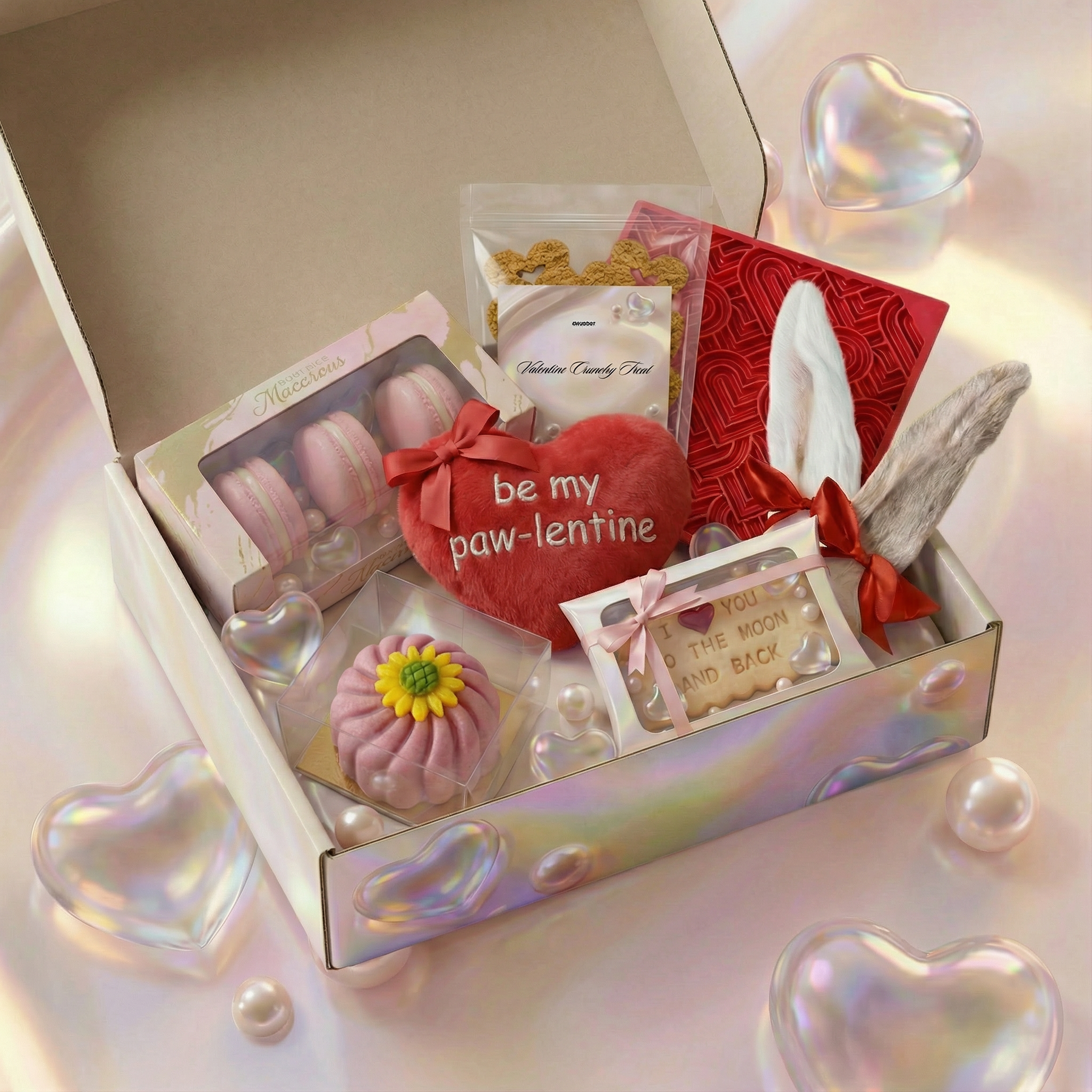 A Valentine's Day themed gift box filled with macarons, treats, a plush heart, and fuzzy ears.