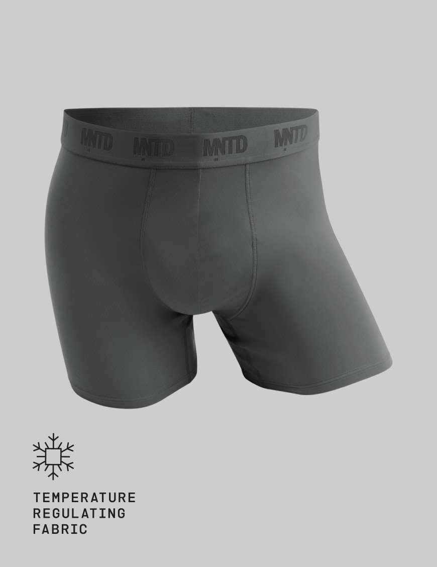 A pair of dark gray men's boxer briefs with the MNTD logo on the waistband.