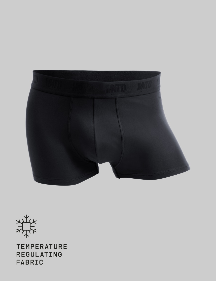 A pair of black MNTD boxer briefs shown against a solid grey background.