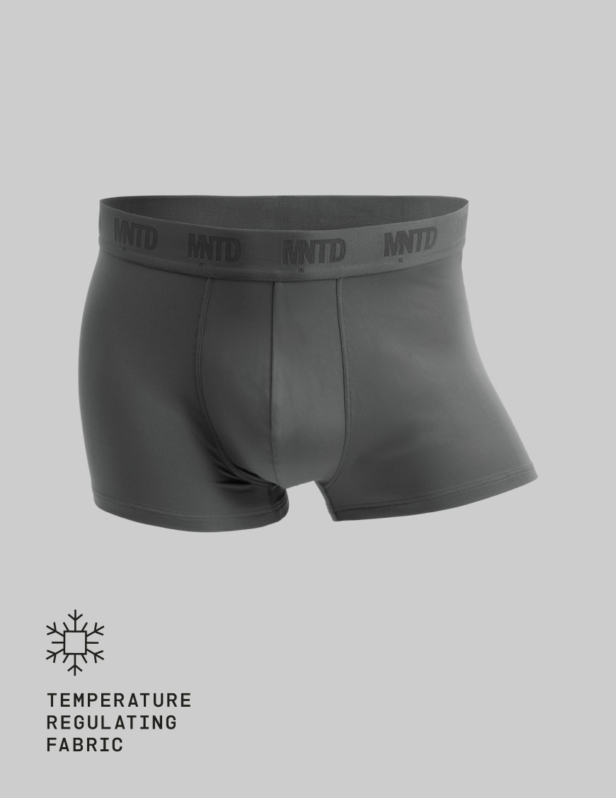 A pair of gray MNTD brand boxer briefs against a gray background with a temperature-regulating fabric icon.