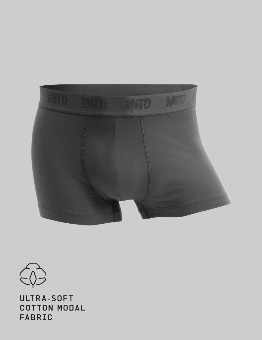 A pair of dark grey MNTD brand men's boxer briefs shown against a solid grey background.