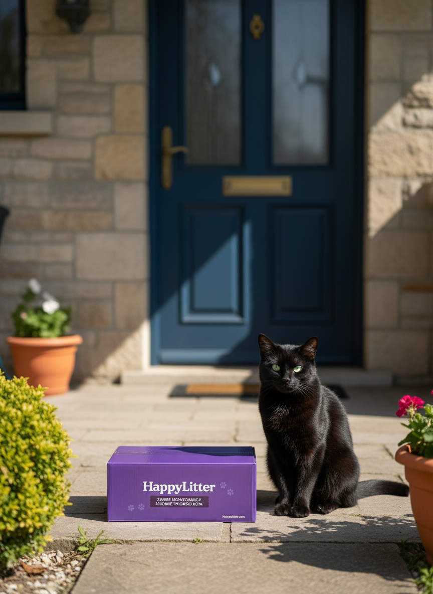 Black cat sitting beside a purple HappyLitter box on a porch.