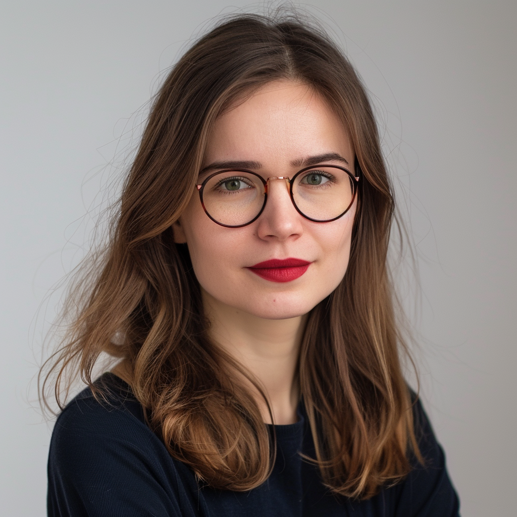 Person with glasses and red lipstick, wearing a black top.