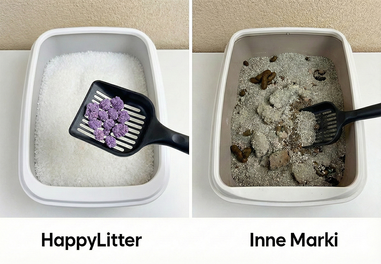 A side-by-side comparison of a clean litter box and a dirty litter box with feces and clumps.