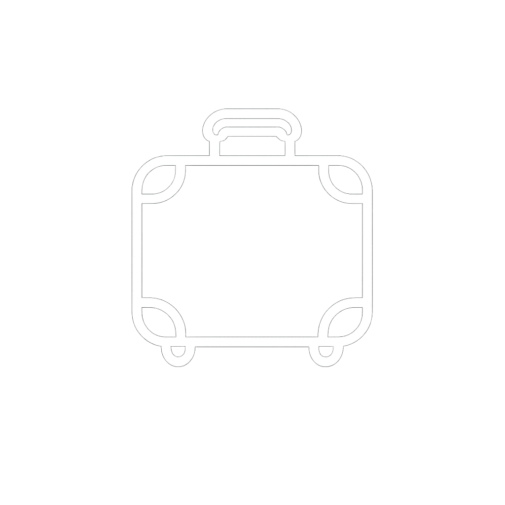 A white line drawing of a rolling suitcase against a white background.