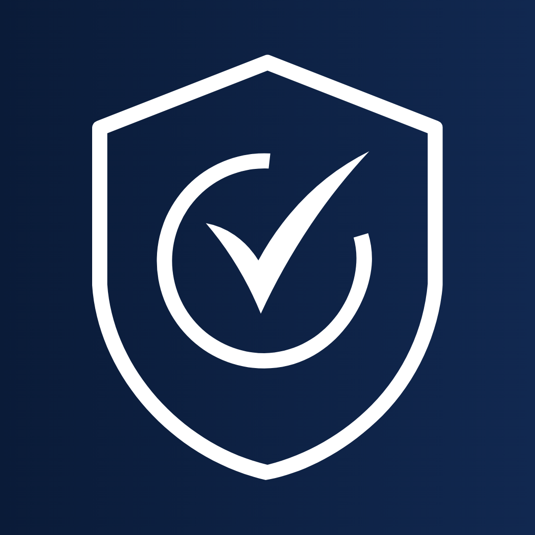 A white outline of a shield with a checkmark inside, on a dark blue background.