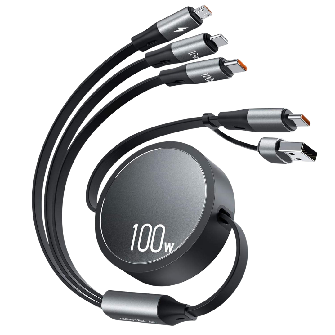 A black retractable 100w multi-headed charging cable with USB-A, USB-C, and Micro-USB connectors.
