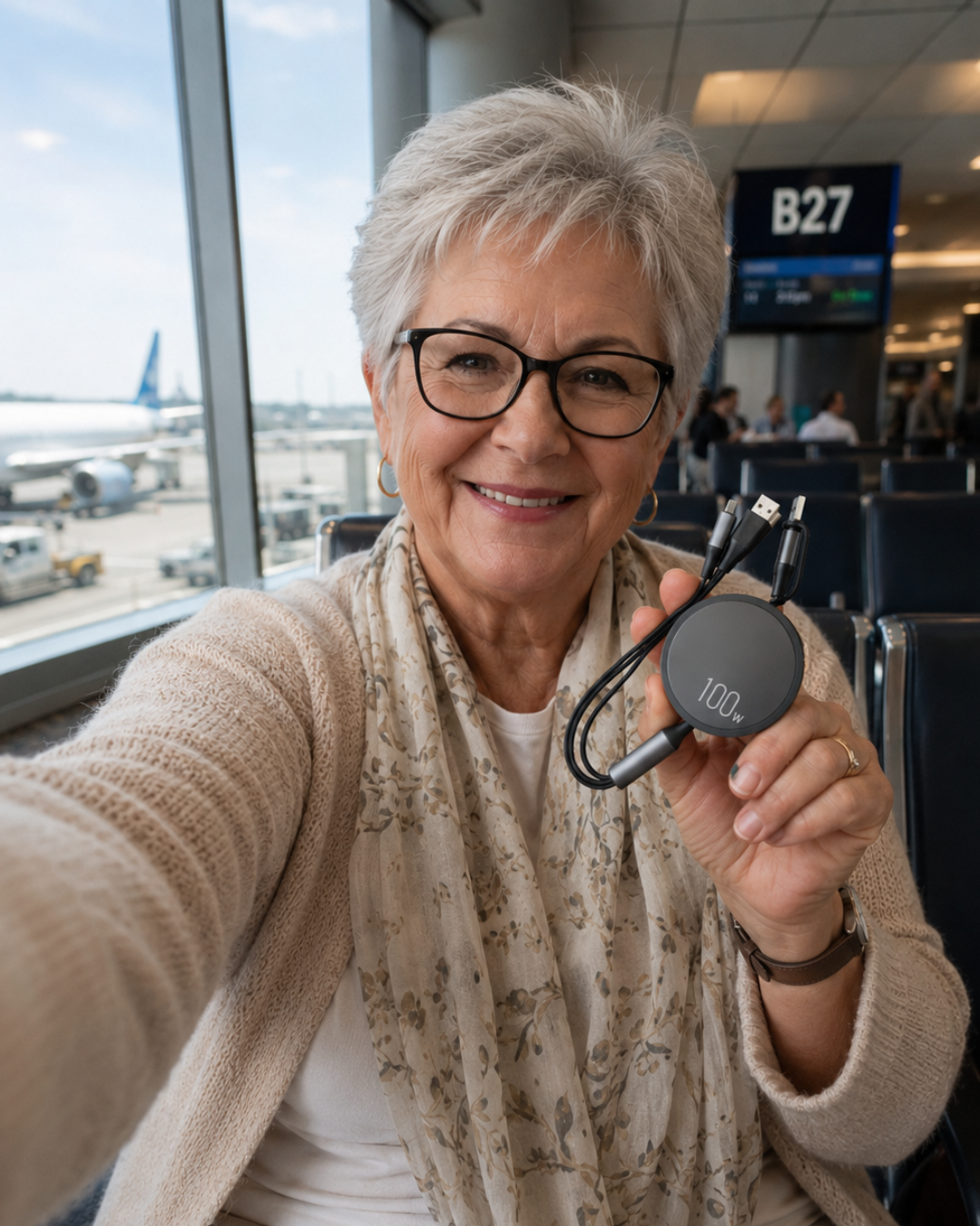 A woman at an airport gate smiles for a selfie while holding a 100W multi-port charger.
