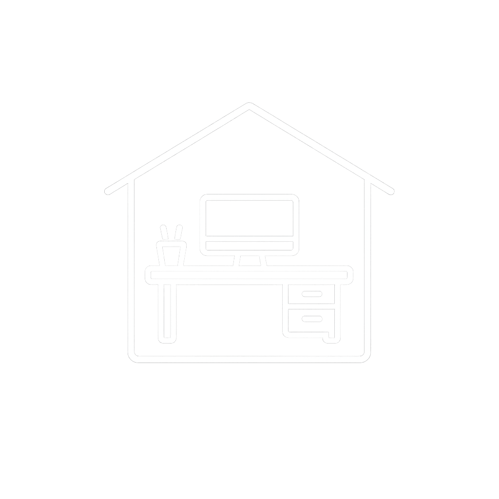 A white line icon of a desk with a computer inside the outline of a house.