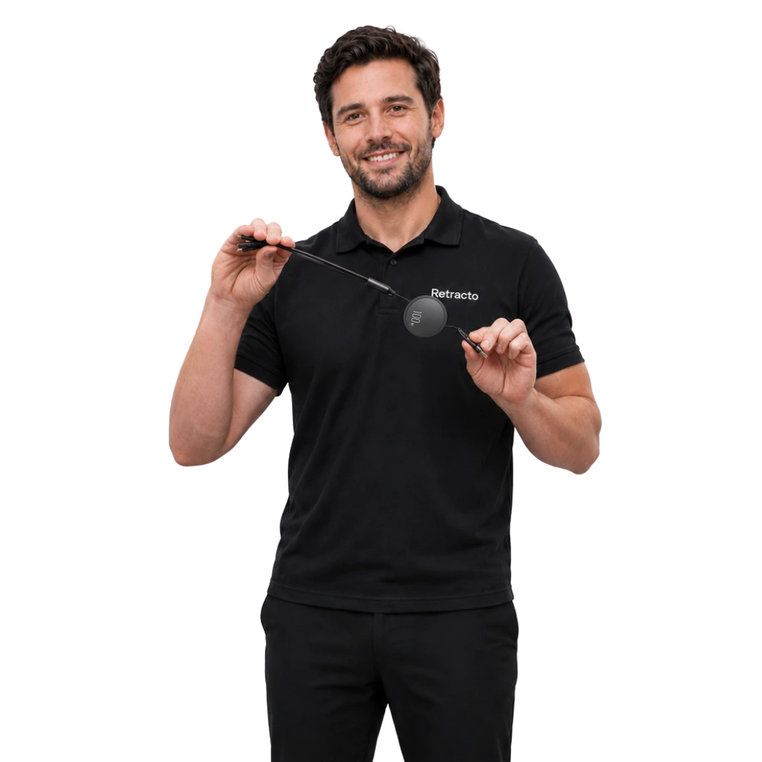 A smiling man in a black polo shirt with the logo 'Retracto' holds a retractable cable.