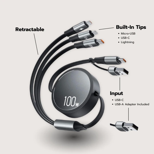 Retracto retractable 3-in-1 travel charging cable
