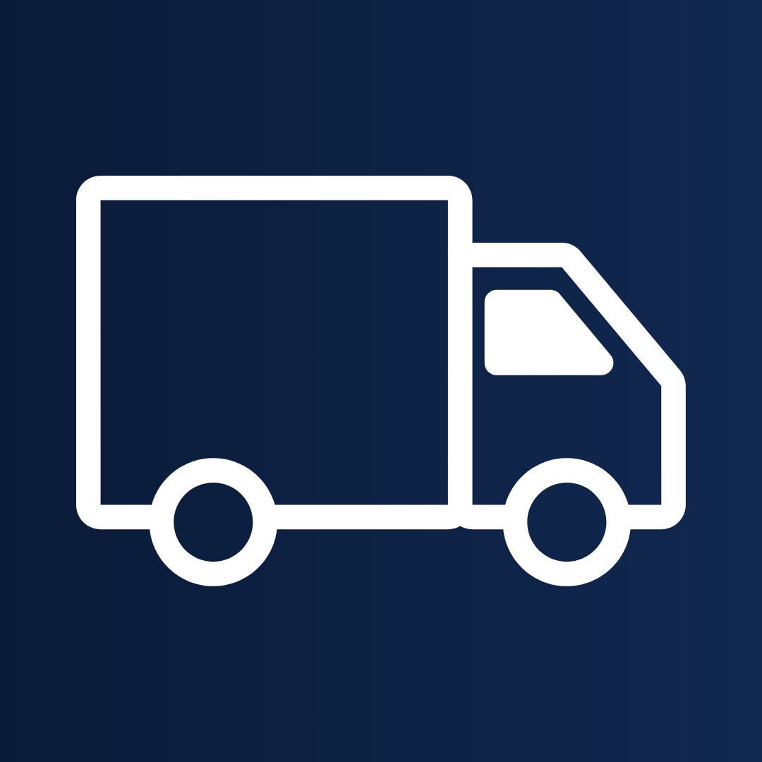 A white outline icon of a delivery truck on a dark blue background.