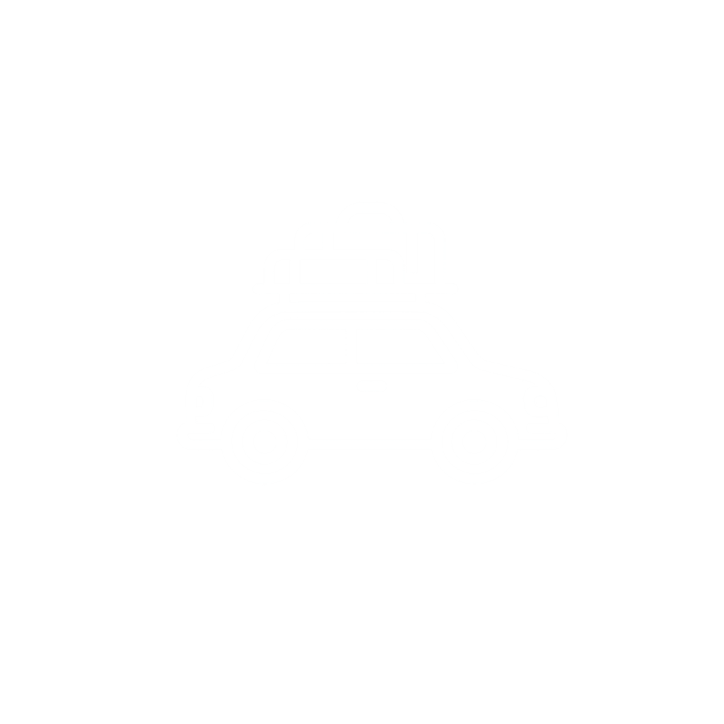 A white line art icon of a car with luggage strapped to the roof.